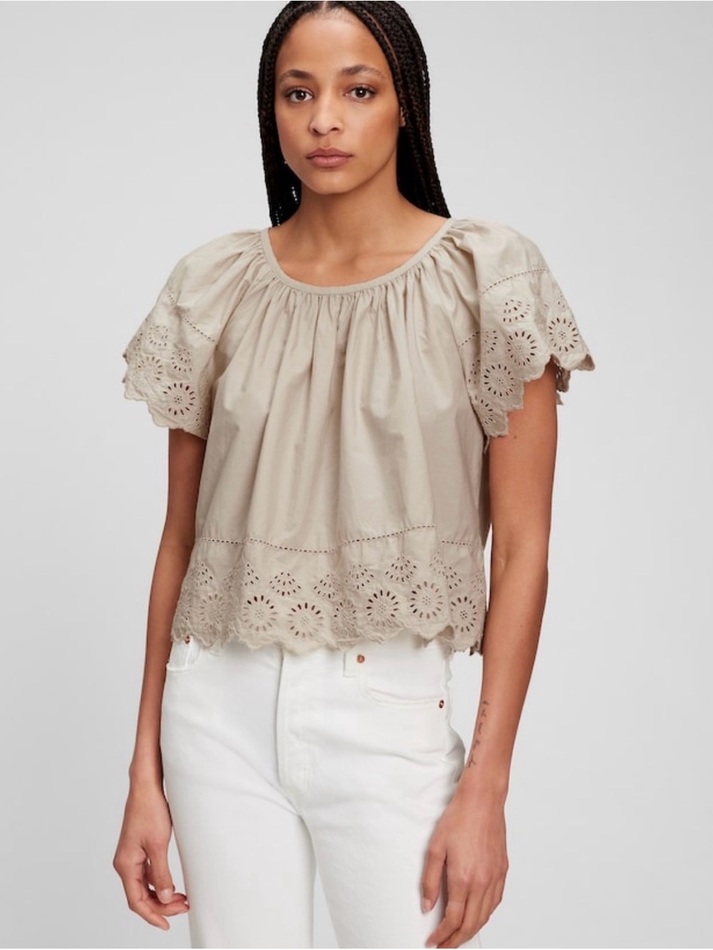 GAP Taupe Eyelet Flutter-Sleeve Blouse